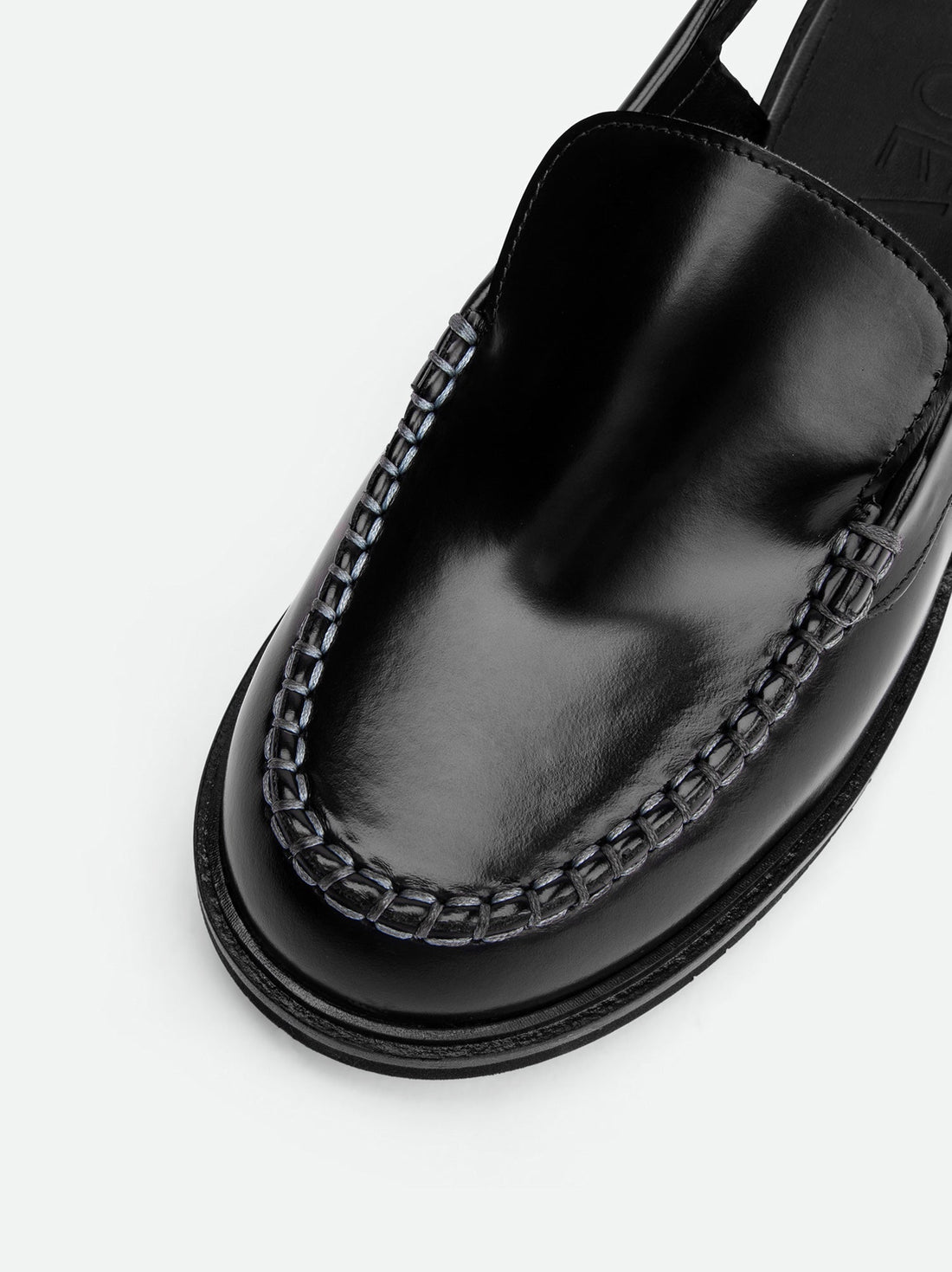 Alix Black Brushed Leather Slingback Loafers - Toe Close-up View - POEVE Collection
