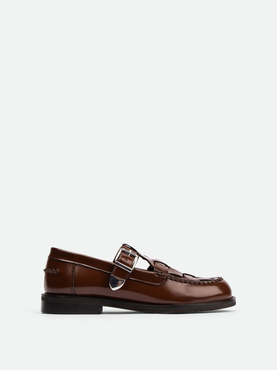 Frances Cognac Brushed Leather Loafers with Metal Buckles - Side View - POEVE Collection