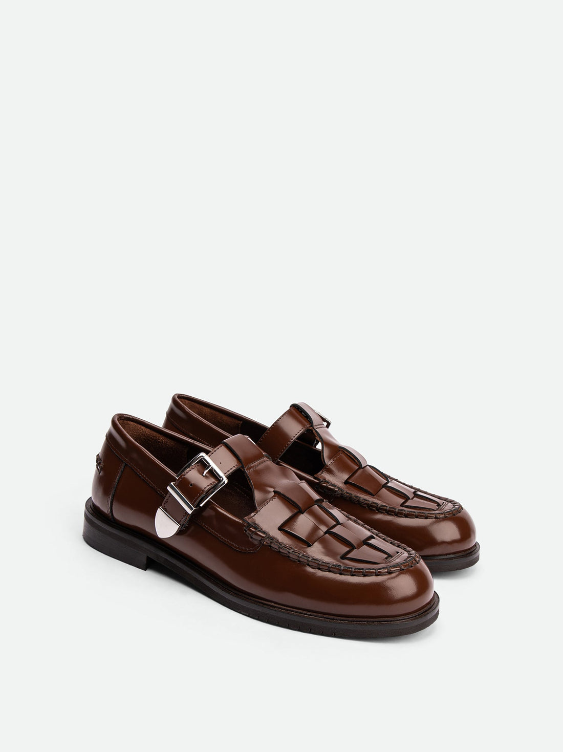 Frances Cognac Brushed Leather Loafers with Metal Buckles - Angled Side View - POEVE Collection