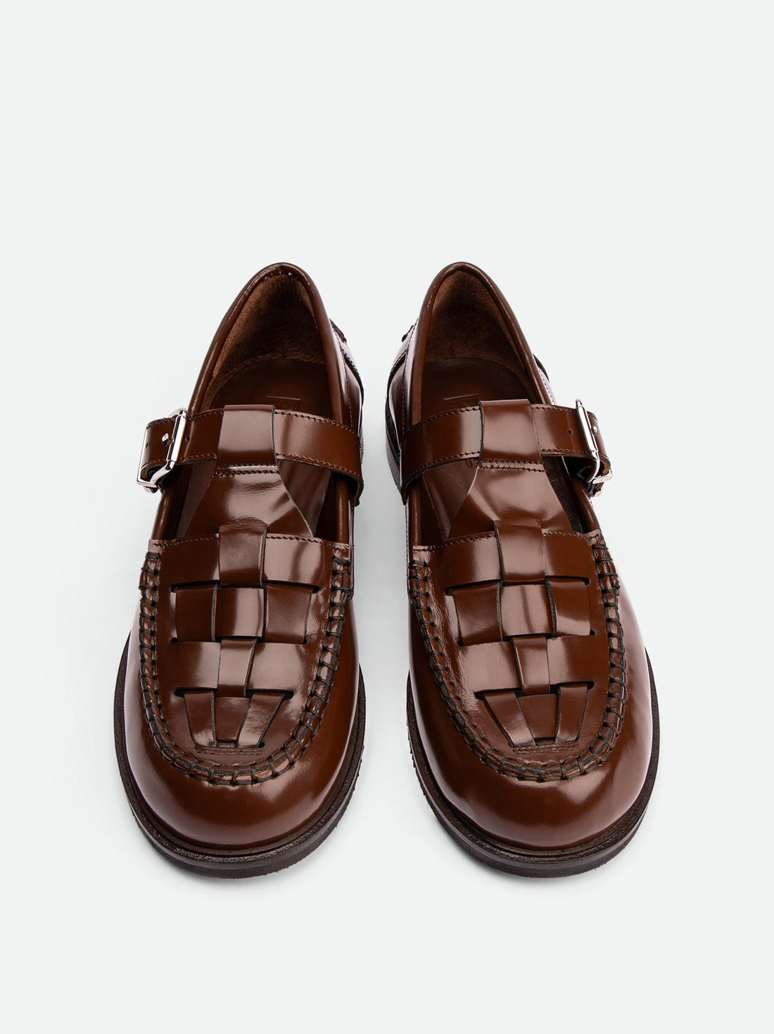 Frances Cognac Brushed Leather Loafers with Metal Buckles - Top View - POEVE Collection