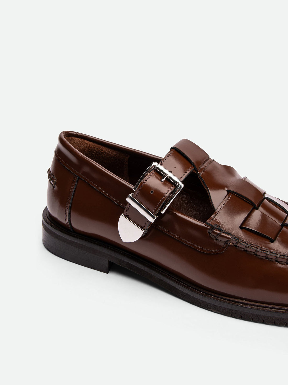 Frances Cognac Brushed Leather Loafers with Metal Buckles - Side Close-up View - POEVE Collection