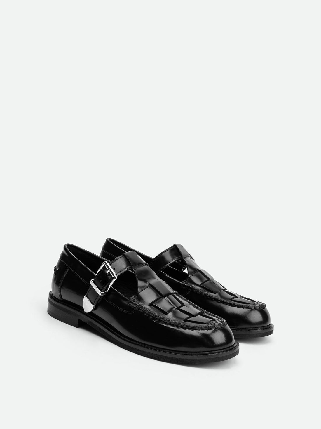 Frances Black Brushed Leather Loafers with Metal Buckles - Angled Side View - POEVE Collection