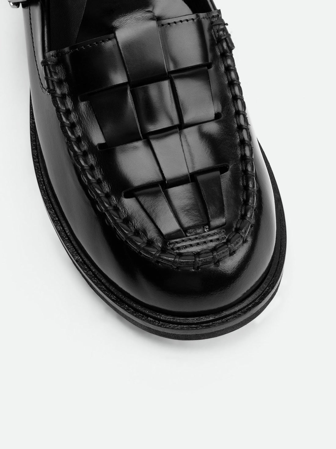 Frances Black Brushed Leather Loafers with Metal Buckles - Toe Close-up View - POEVE Collection