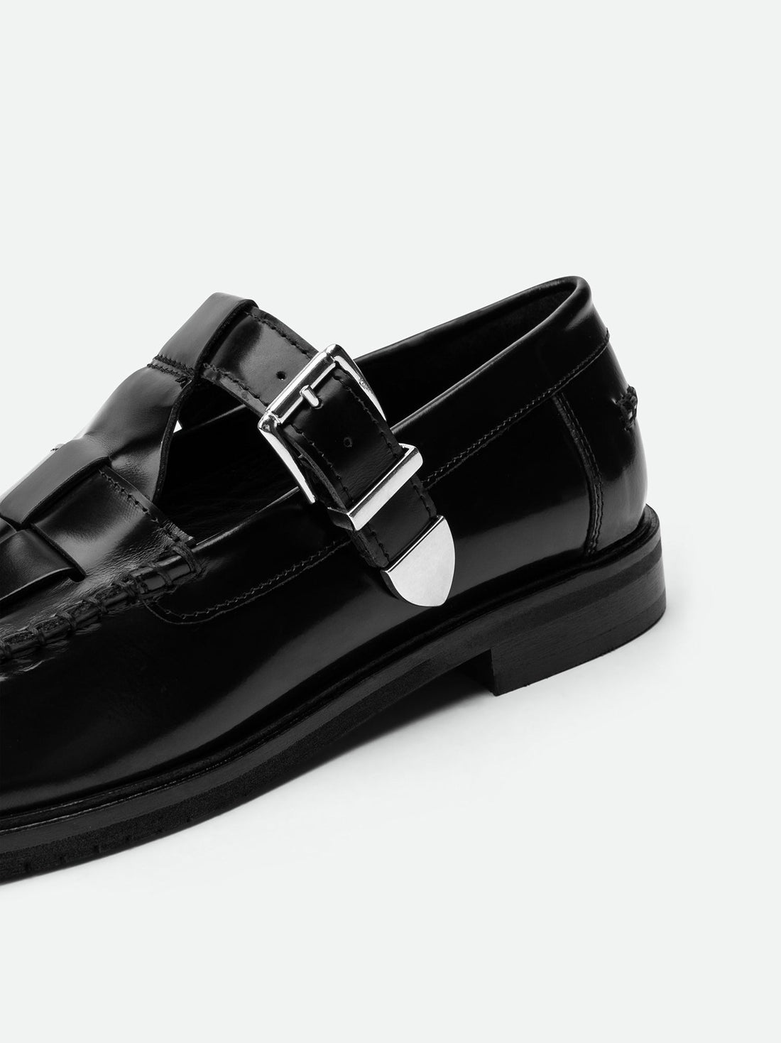 Frances Black Brushed Leather Loafers with Metal Buckles - Side Close-up View - POEVE Collection