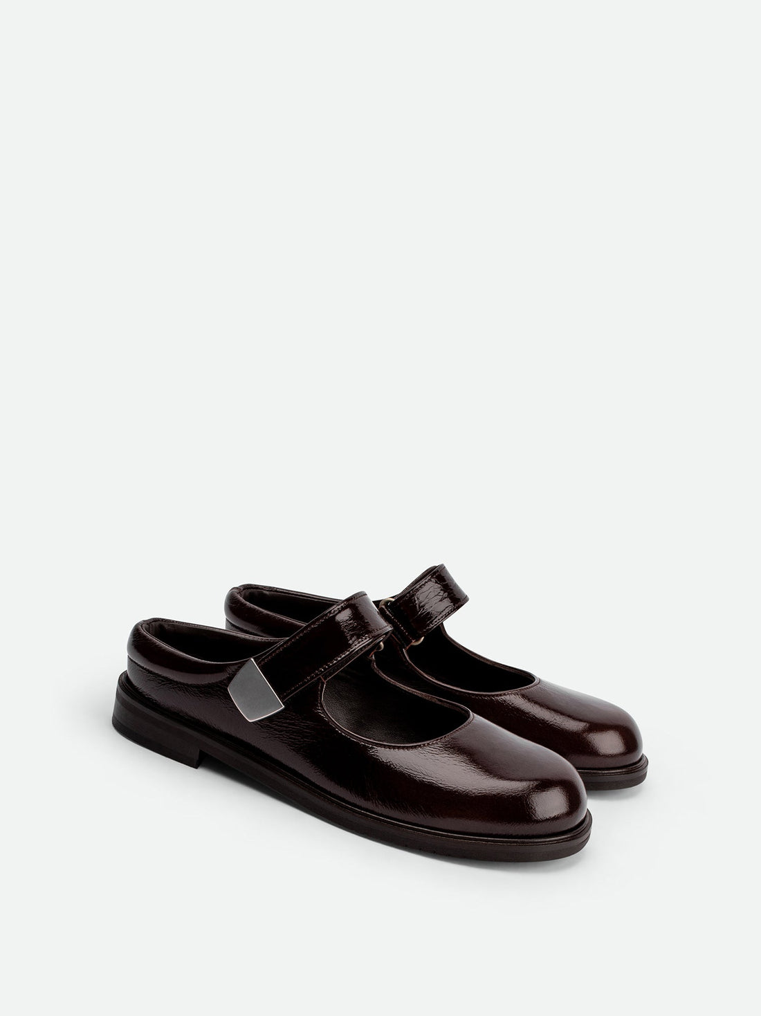 Maris Brown Crinkled Patent Leather Mules - Angled Side View - POEVE Collection