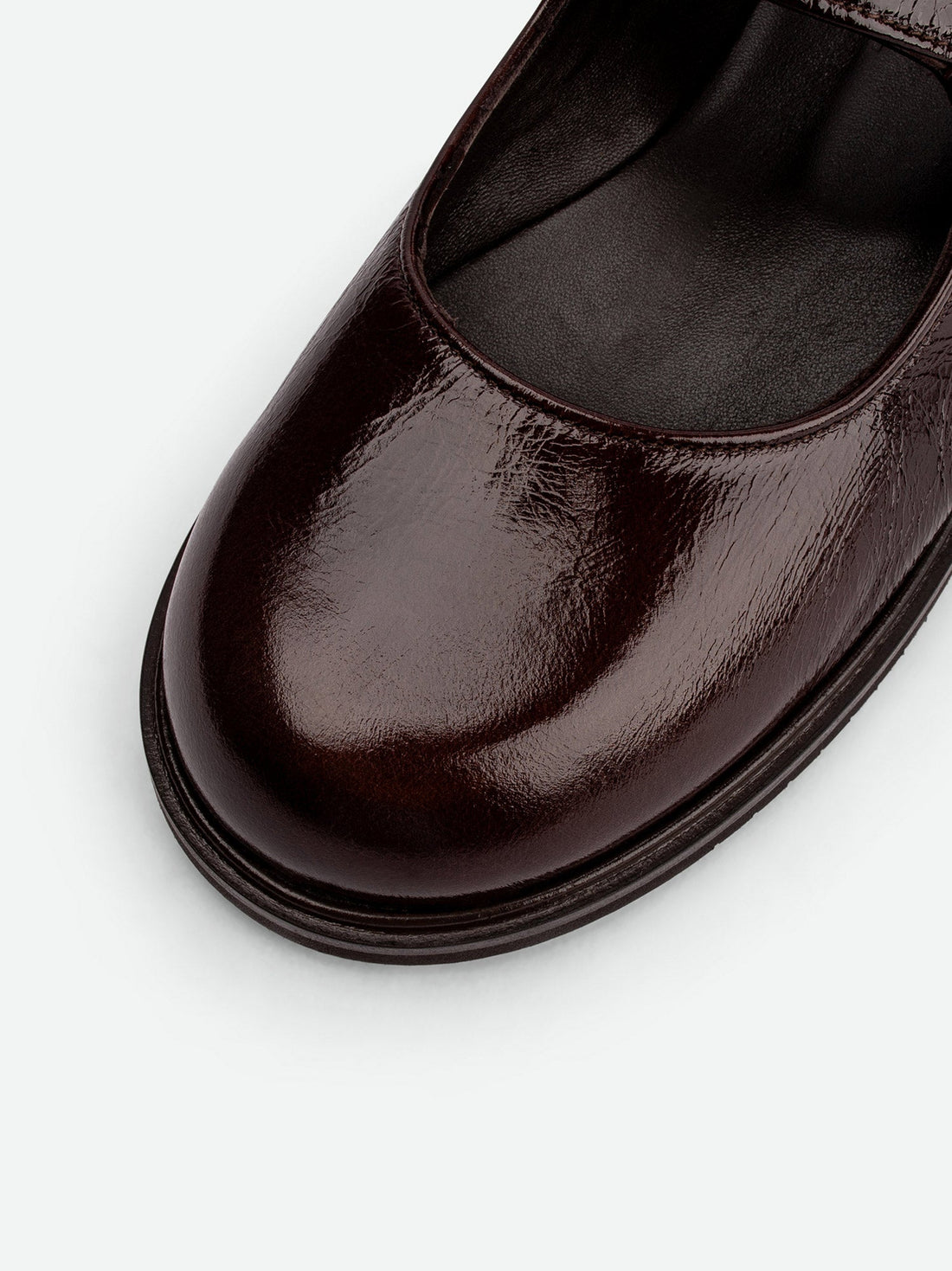 Maris Brown Crinkled Patent Leather Mules - Toe Close-up View - POEVE Collection
