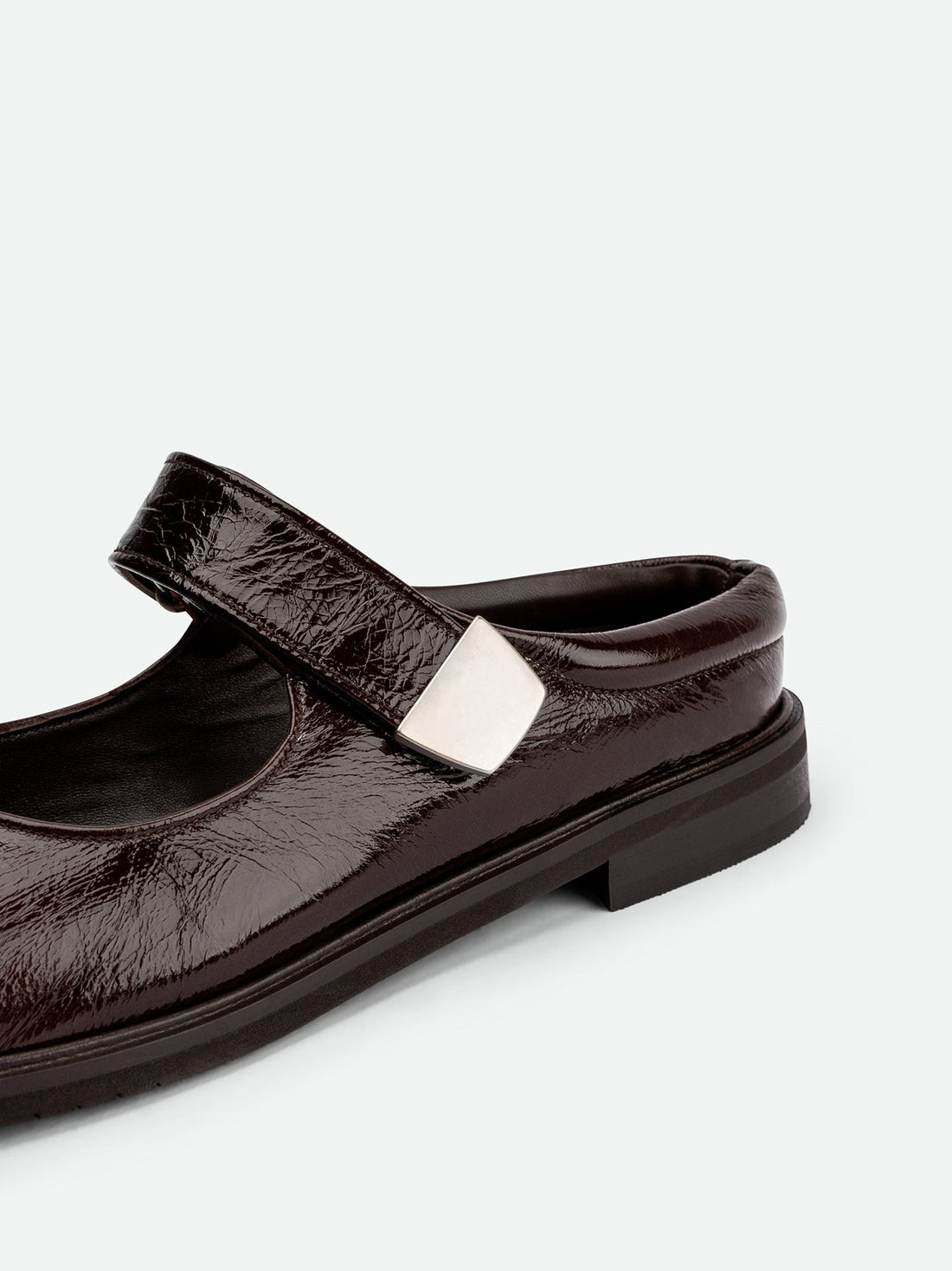 Maris Brown Crinkled Patent Leather Mules - Side Close-up View - POEVE Collection