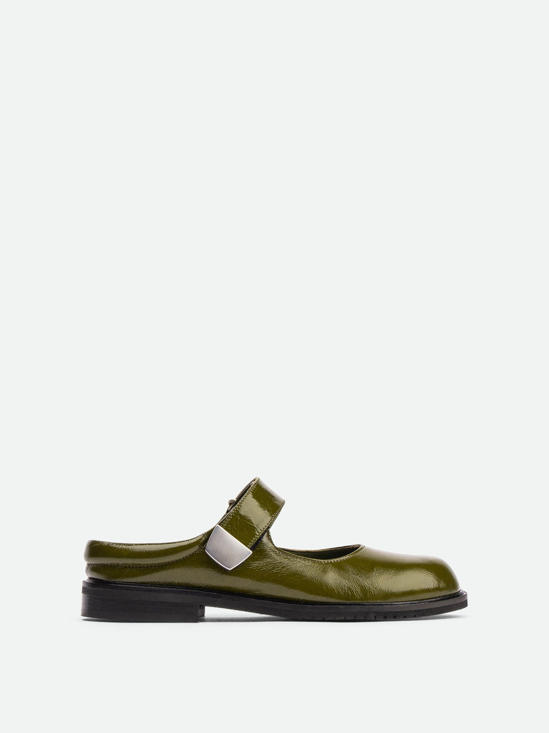 Maris Green Crinkled Patent Leather Mules - Side View - POEVE Collection