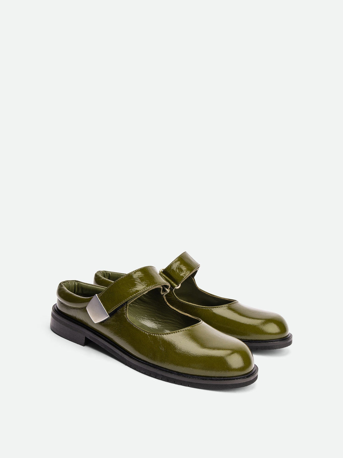Maris Green Crinkled Patent Leather Mules - Angled Side View - POEVE Collection