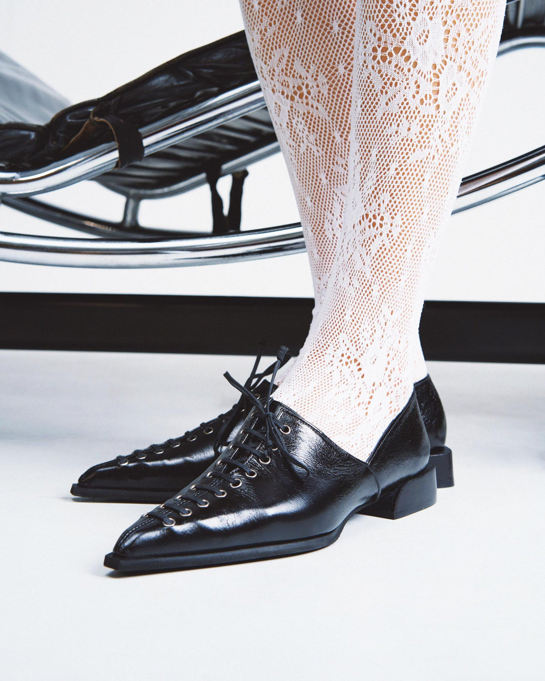 Kaley Black Leather Pointed-toe lace-up flat - Shot on foot - POEVE Collection
