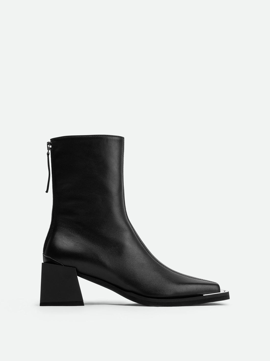 Nora Black Leather Heel Ankle Boots with Metal Detail - Side View - POEVE Collection