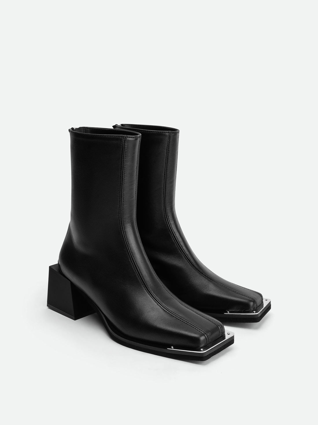 Nora Black Leather Heel Ankle Boots with Metal Detail - Angled Side View - POEVE Collection