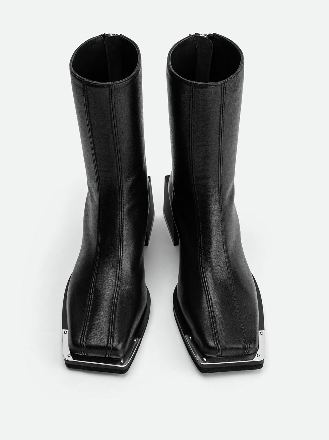 Nora Black Leather Heel Ankle Boots with Metal Detail - Front View - POEVE Collection