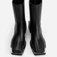 Nora Black Leather Heel Ankle Boots with Metal Detail - Front View - POEVE Collection