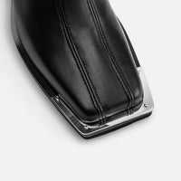Nora Black Leather Heel Ankle Boots with Metal Detail - Toe Close-up View - POEVE Collection