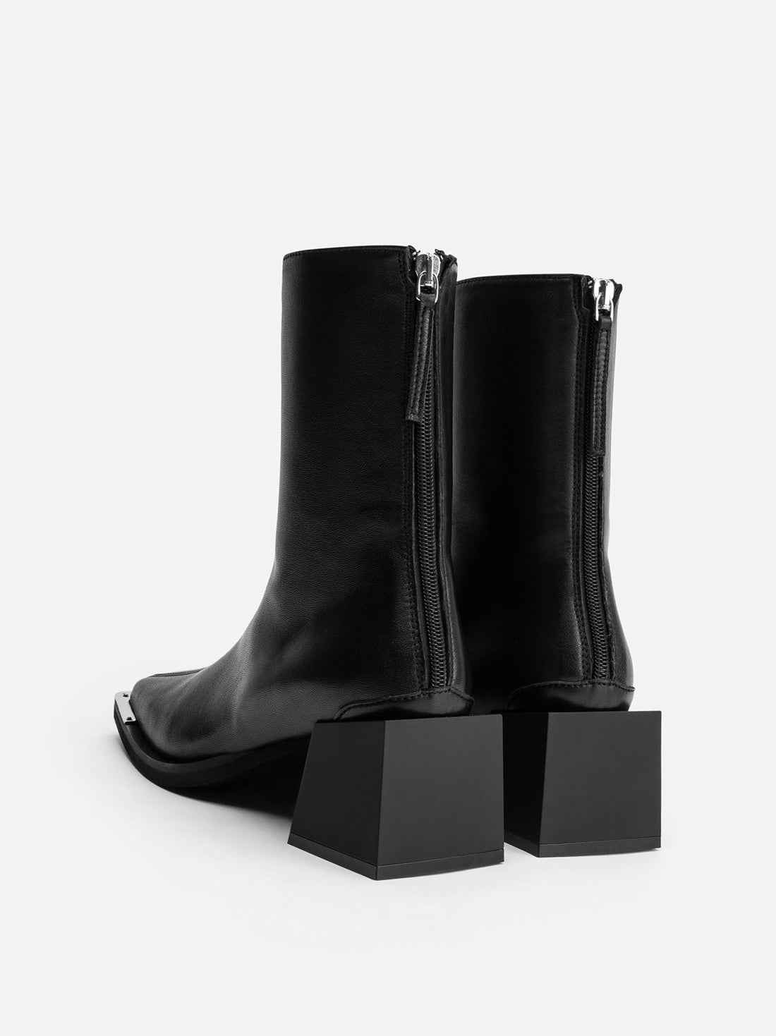 Nora Black Leather Heel Ankle Boots with Metal Detail - Back View - POEVE Collection