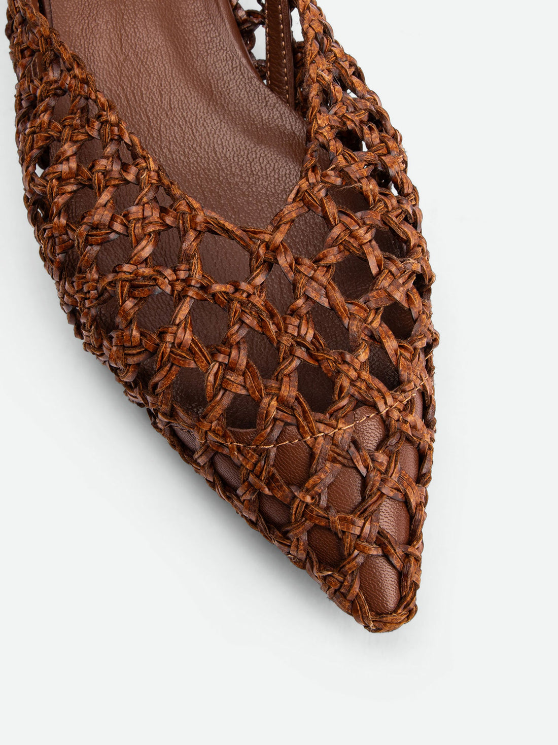 Fannie Brown Vegan Hand-Woven Leather Slingback Sandals - Toe Close-up View - POEVE Collection