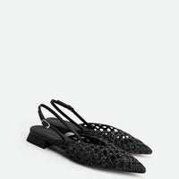 Fannie Black Vegan Hand-Woven Leather Slingback Sandals - Angled Side View - POEVE Collection