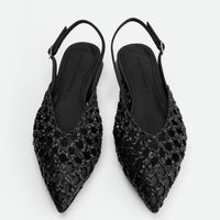 Fannie Black Vegan Hand-Woven Leather Slingback Sandals - Top View - POEVE Collection
