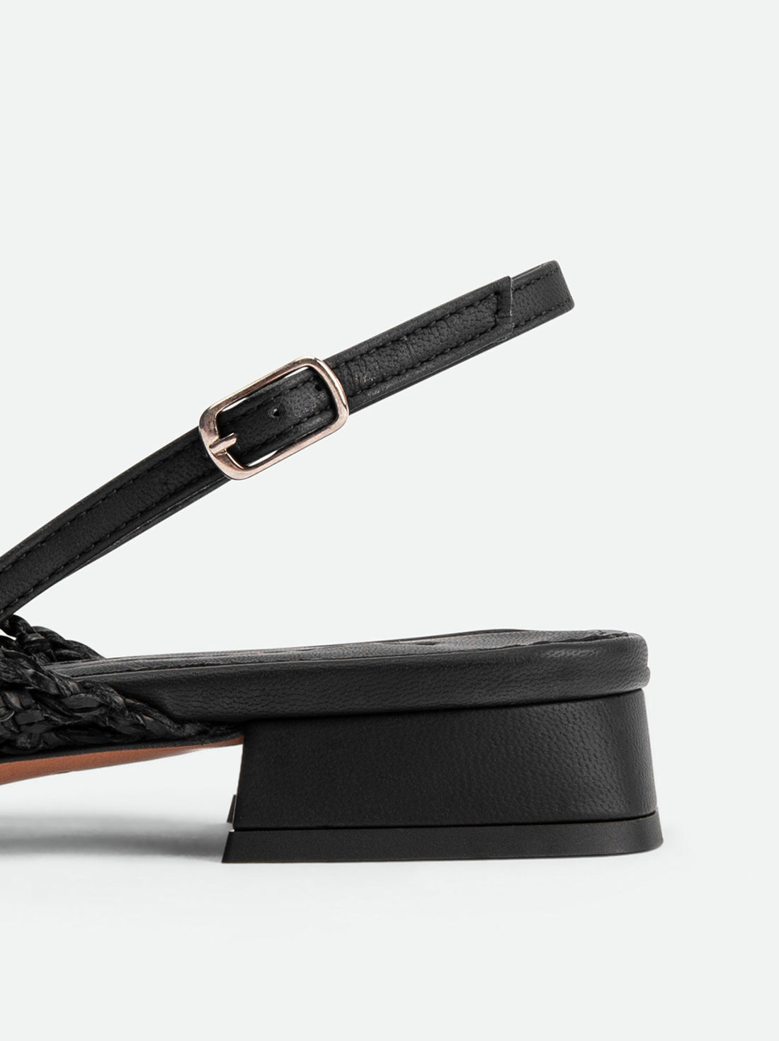 Fannie Black Vegan Hand-Woven Leather Slingback Sandals - Heel Close-up View - POEVE Collection