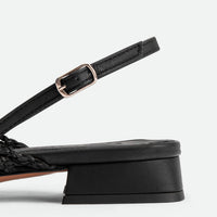 Fannie Black Vegan Hand-Woven Leather Slingback Sandals - Heel Close-up View - POEVE Collection