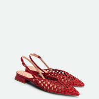 Fannie Red Vegan Hand-Woven Leather Slingback Sandals - Angled Side View - POEVE Collection