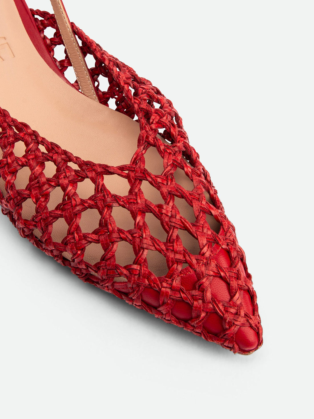 Fannie Red Vegan Hand-Woven Leather Slingback Sandals - Toe Close-up View - POEVE Collection