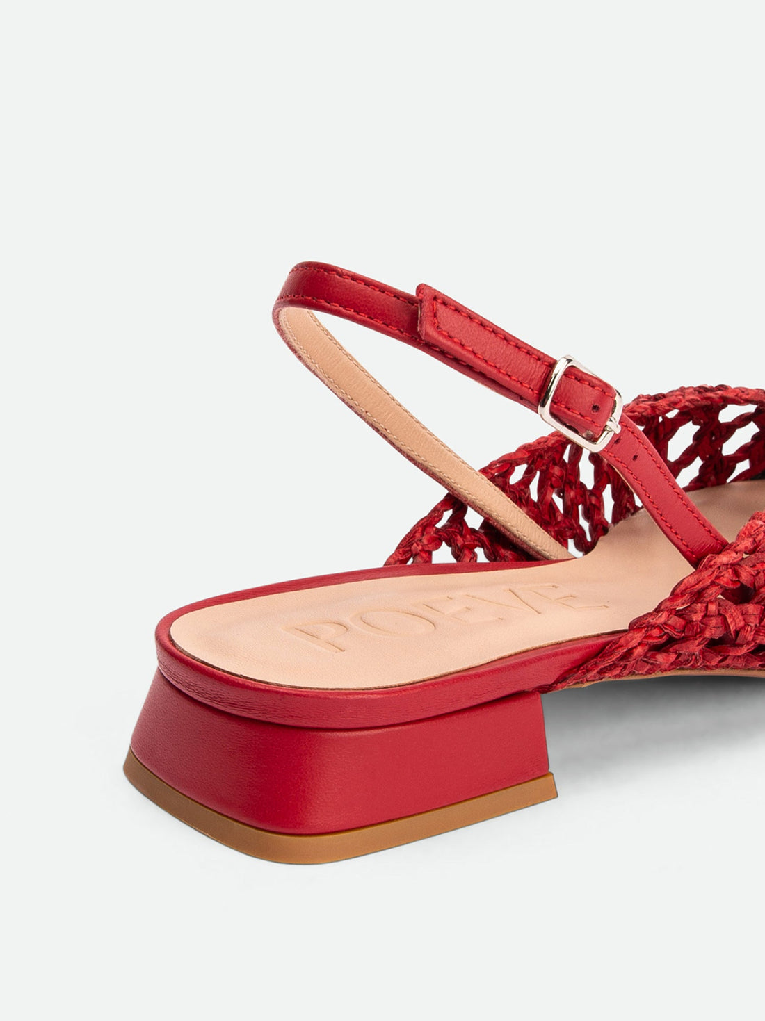 Fannie Red Vegan Hand-Woven Leather Slingback Sandals - Heel Close-up View - POEVE Collection