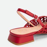 Fannie Red Vegan Hand-Woven Leather Slingback Sandals - Heel Close-up View - POEVE Collection