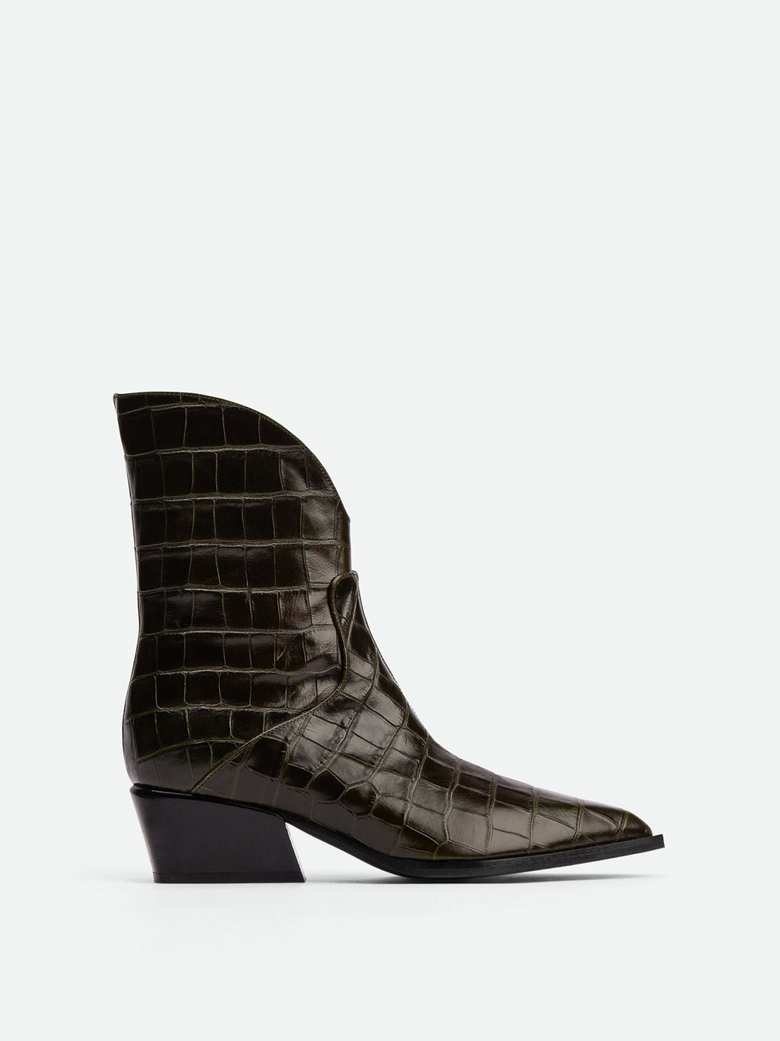 Dallas Dark Green Croc-Embossed Leather Ankle Boots – Side View – POEVE Collection