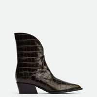 Dallas Dark Green Croc-Embossed Leather Ankle Boots – Side View – POEVE Collection