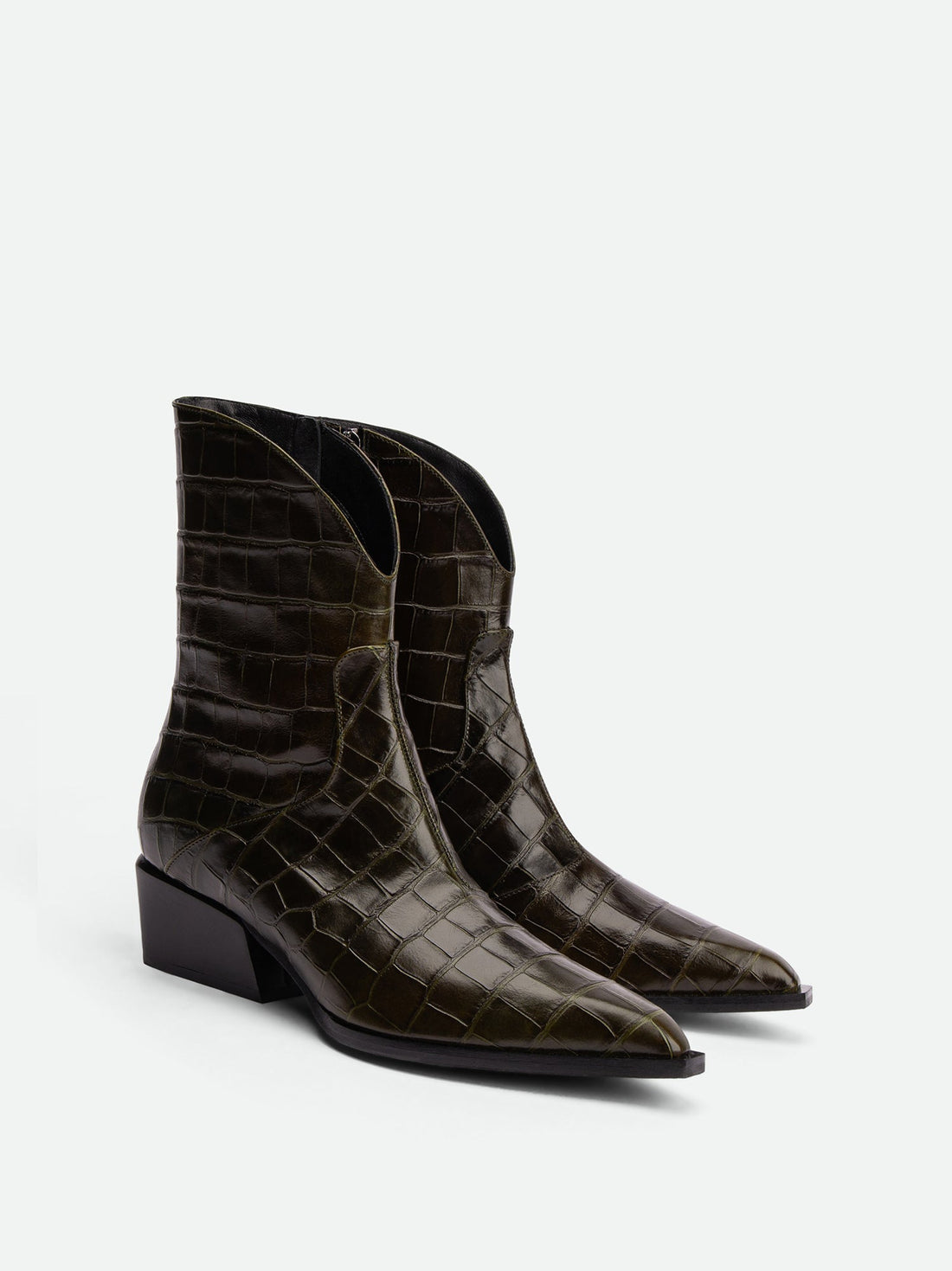 Dallas Dark Green Croc-Embossed Leather Ankle Boots – Angled View – POEVE Collection