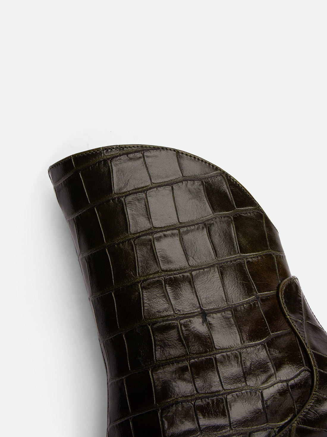 Dallas Dark Green Croc-Embossed Leather Ankle Boots – Upper Close-Up View – POEVE Collection