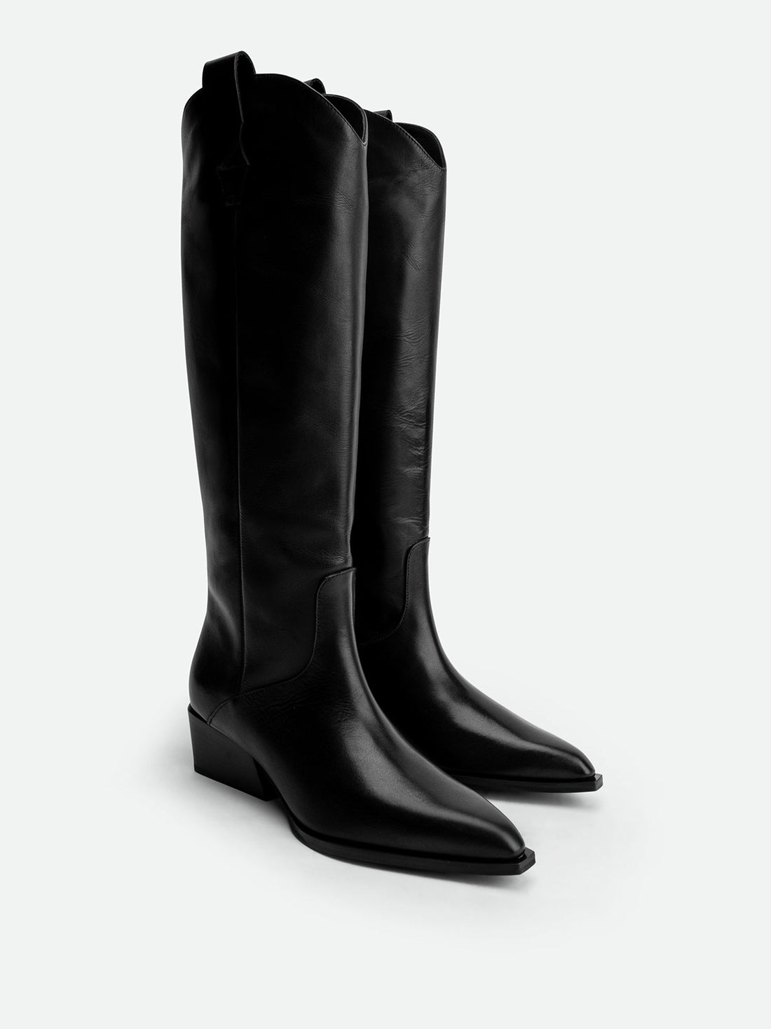 Macy Black Leather Tall Boots – Angled Side View – POEVE Collection