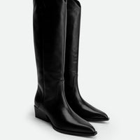 Macy Black Leather Tall Boots – Angled Side View – POEVE Collection