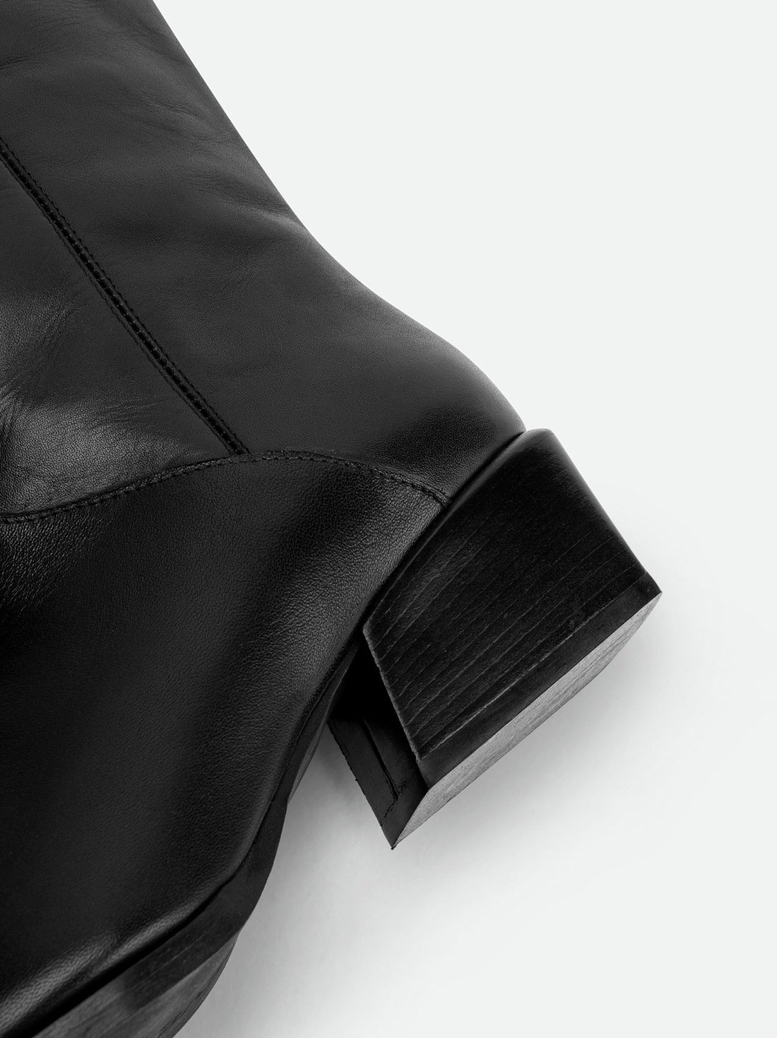 Macy Black Leather Tall Boots – Heel Close-up View – POEVE Collection