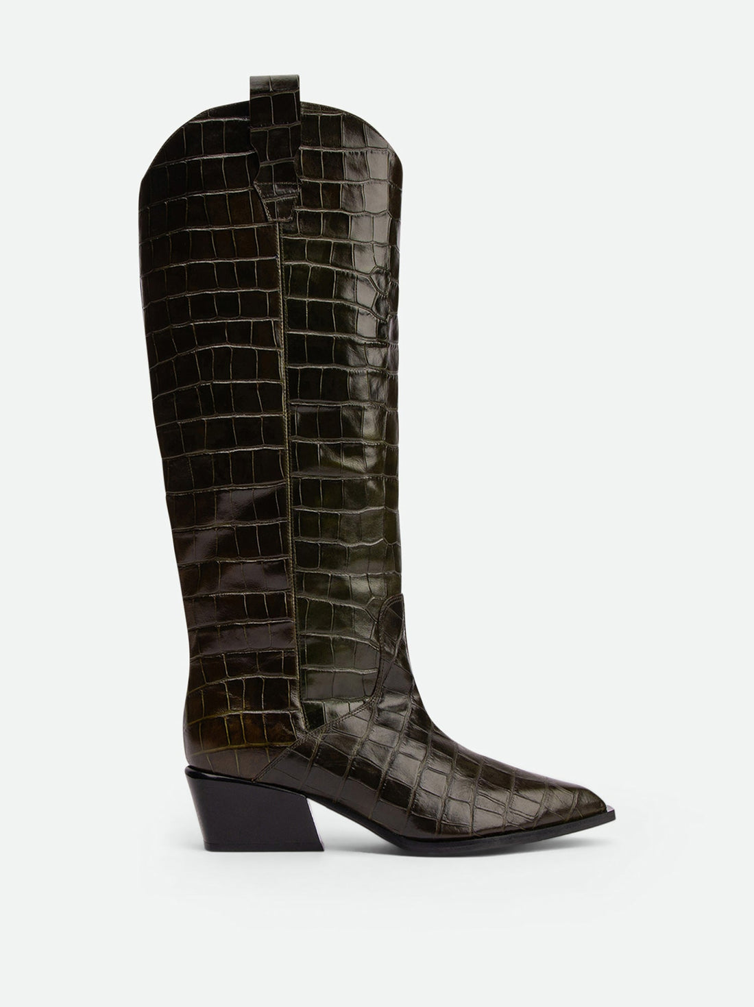 Macy Dark Green Croco-Print Leather Tall Boots – Side View – POEVE Collection
