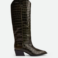 Macy Dark Green Croco-Print Leather Tall Boots – Side View – POEVE Collection