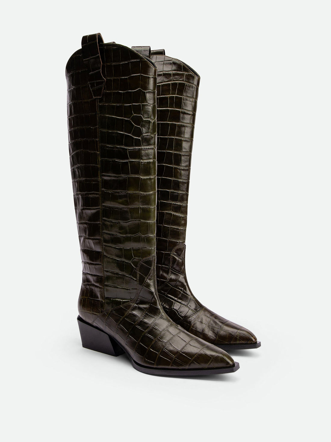 Macy Dark Green Croco-Print Leather Tall Boots – Angled View – POEVE Collection