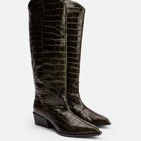 Macy Dark Green Croco-Print Leather Tall Boots – Angled View – POEVE Collection