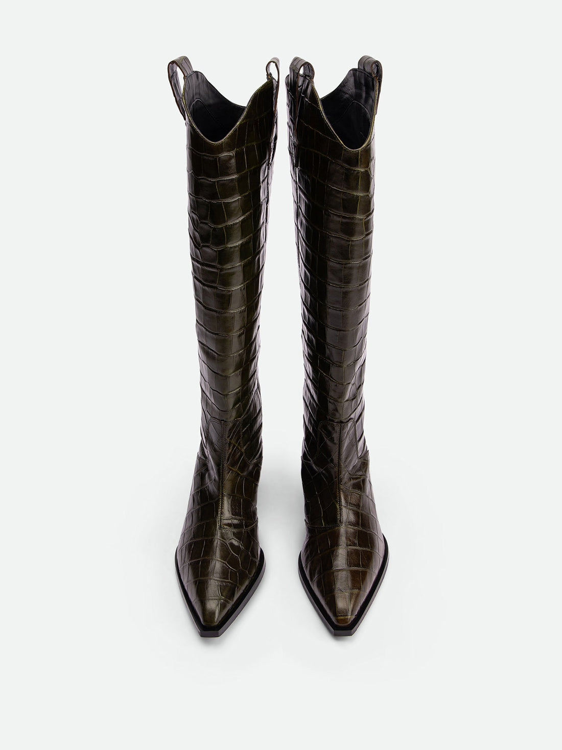 Macy Dark Green Croco-Print Leather Tall Boots – Front View – POEVE Collection