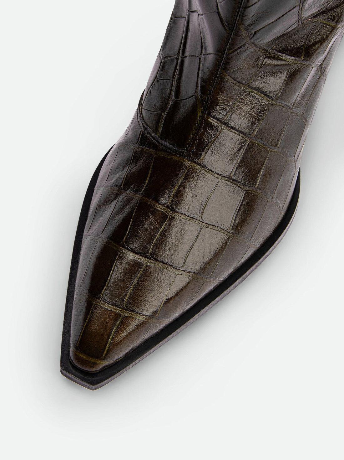 Macy Dark Green Croco-Print Leather Tall Boots – Toe Close-Up View – POEVE Collection