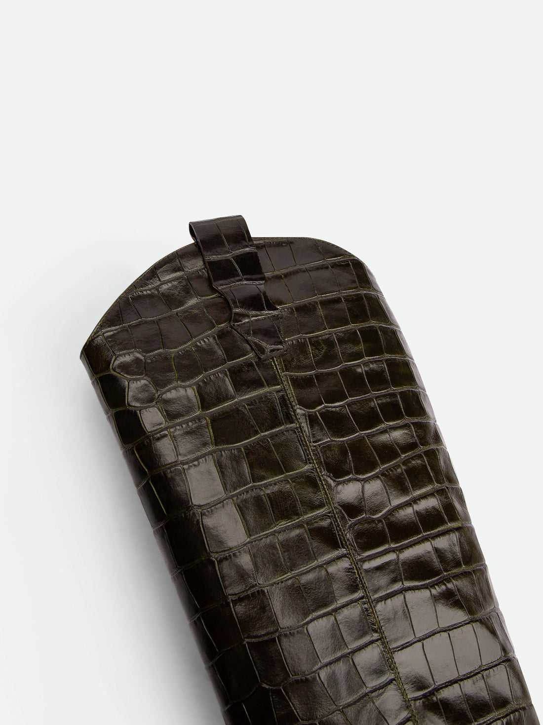 Macy Dark Green Croco-Print Leather Tall Boots – Detail View – POEVE Collection