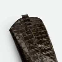 Macy Dark Green Croco-Print Leather Tall Boots – Detail View – POEVE Collection