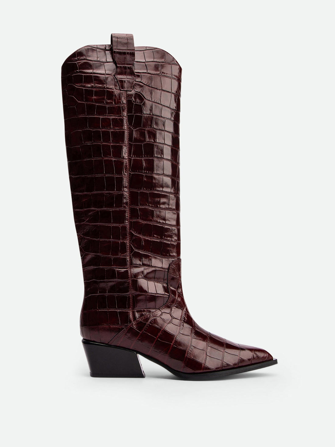 Macy Brick Red Croco-Print Leather Tall Boots – Side View – POEVE Collection