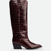 Macy Brick Red Croco-Print Leather Tall Boots – Side View – POEVE Collection