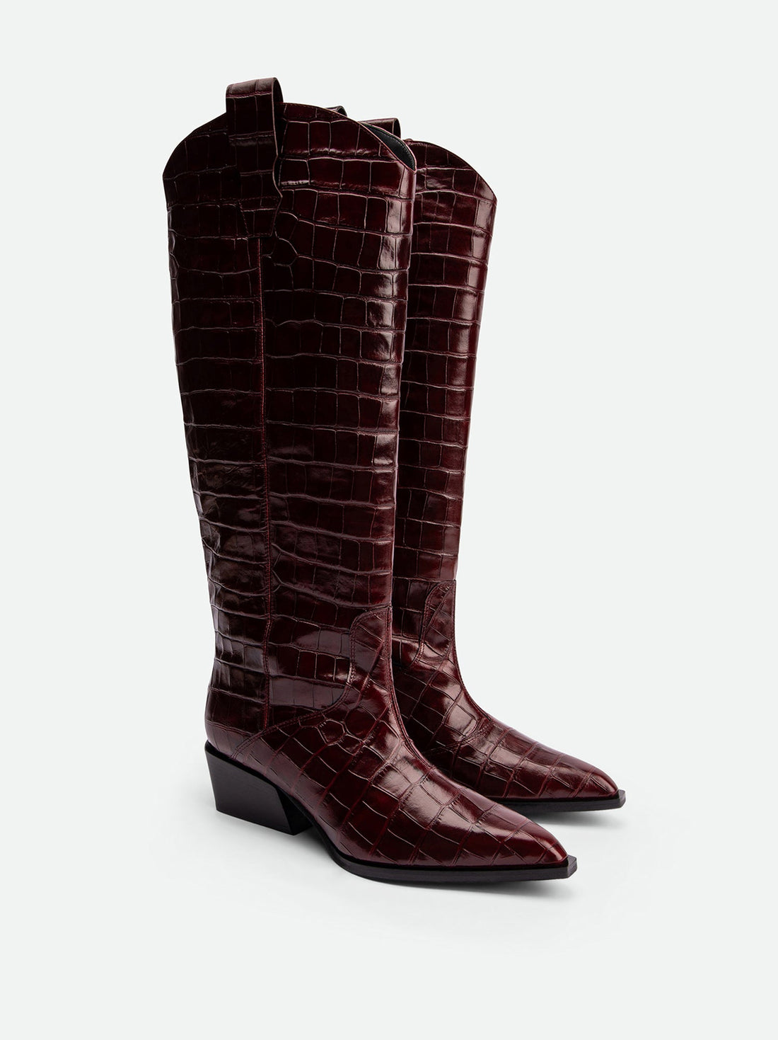 Macy Brick Red Croco-Print Leather Tall Boots – Angled View – POEVE Collection