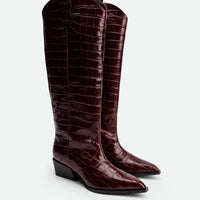 Macy Brick Red Croco-Print Leather Tall Boots – Angled View – POEVE Collection