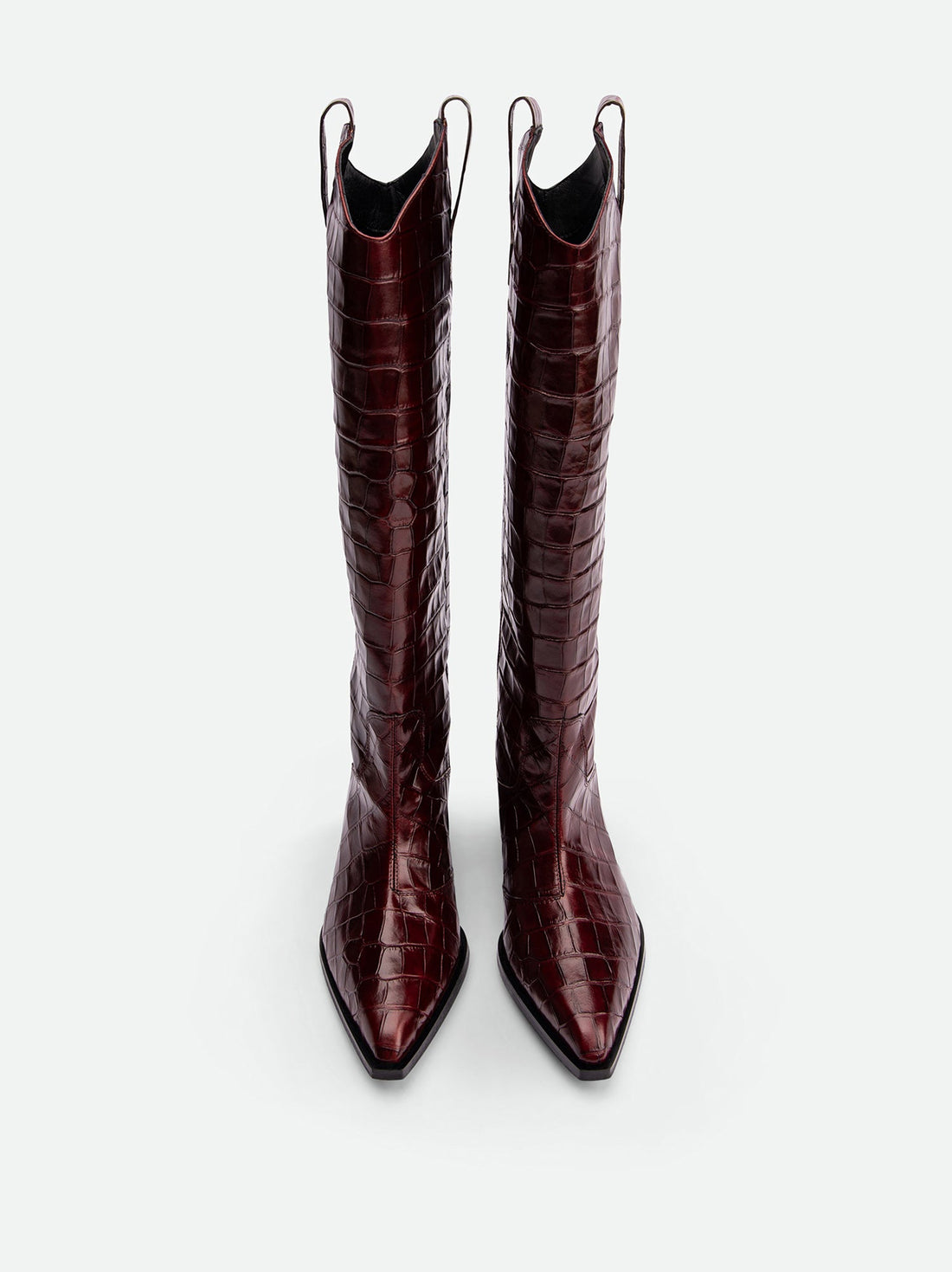 Macy Brick Red Croco-Print Leather Tall Boots – Front View – POEVE Collection