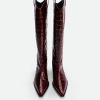 Macy Brick Red Croco-Print Leather Tall Boots – Front View – POEVE Collection